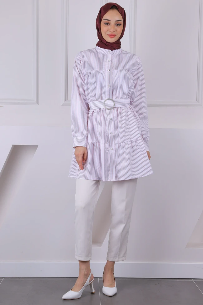 Bordo Hakim Yaka Çizgili Poplin Tunik