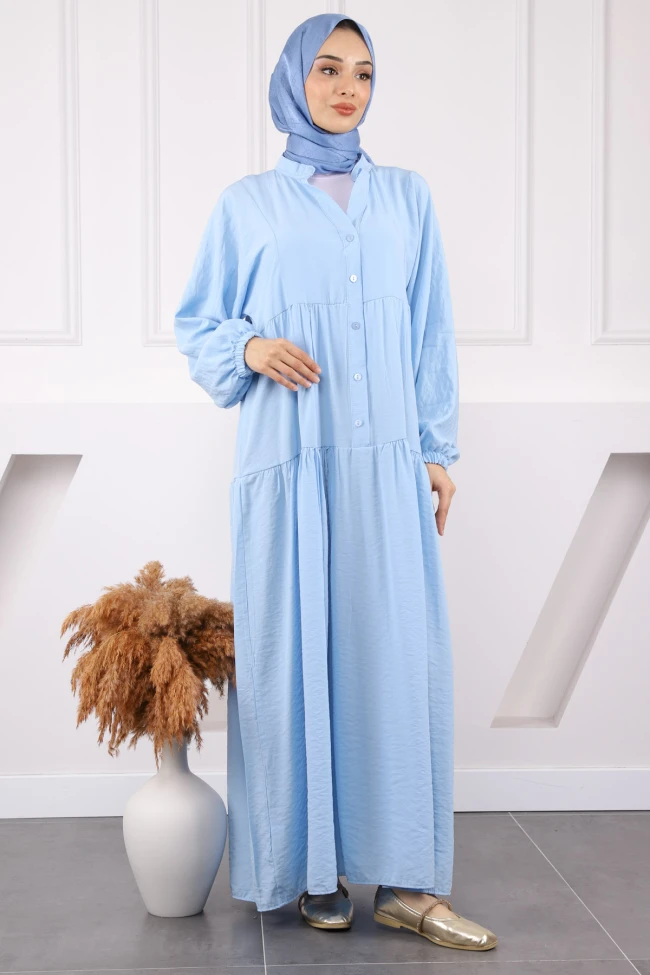 Bebe Mavi Yarım Düğmeli Eteği Katlı Modal Elbise