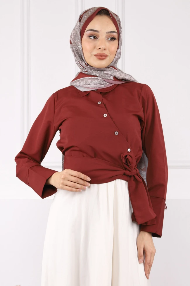 Bordo Bel Bağlamalı Crop Gömlek