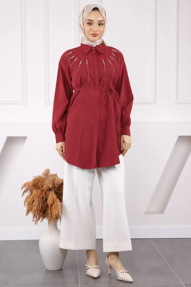 Bordo Önü Taşlı Modal Tunik