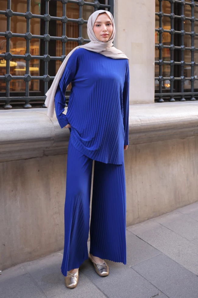 Saks Mavi Piliseli Sandy Tunik Pantolon Takım