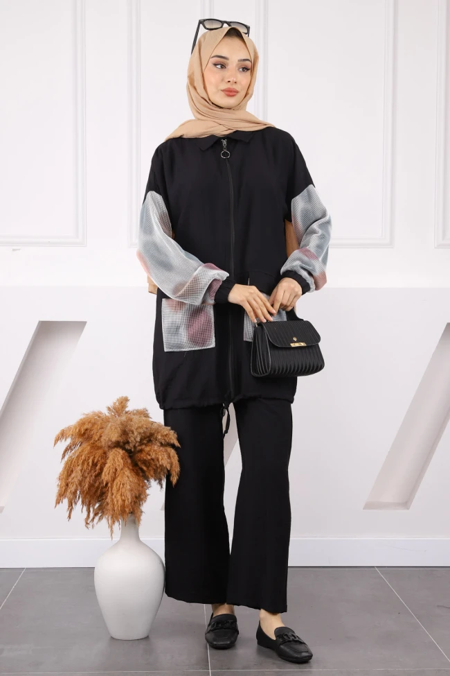 Siyah File Garnili Tunik Pantolonlu Takım