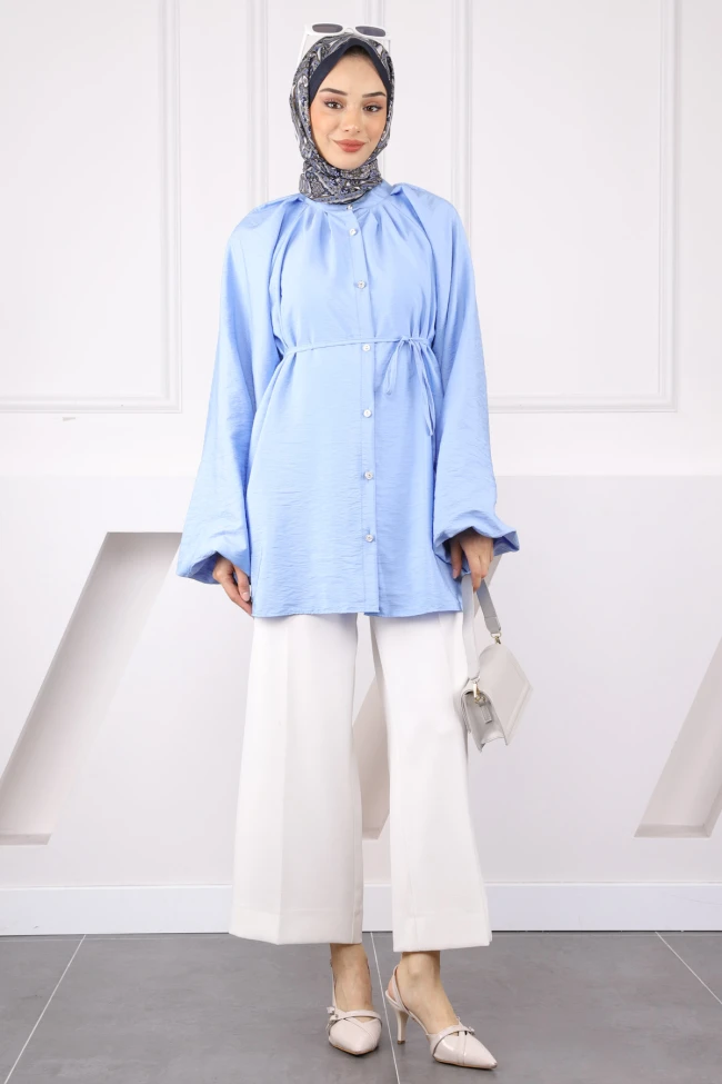 Bebe Mavi Balon Kol Kuşaklı Gömlek