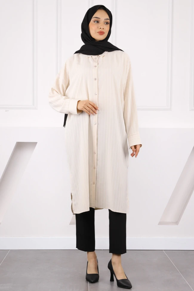 Bej Çizgili Yırtmaçlı Tunik