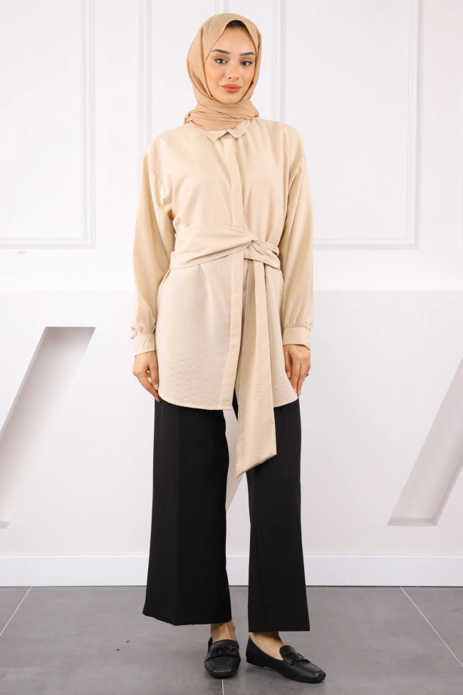 Bej Kuşak Detaylı Bürümcük Gömlek
