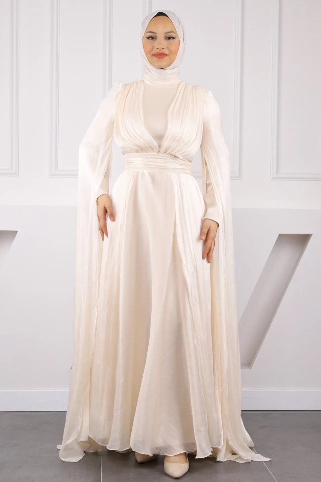 Bej Omuz Detaylı Drapeli Abiye