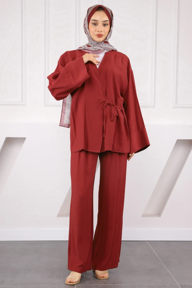 Bordo Bel Bağlamalı Modal Kimono Pantolonlu Takım