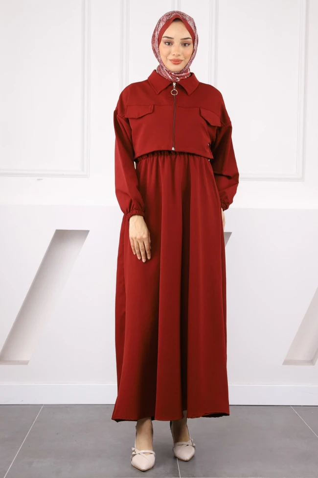 Bordo Ceket Kombinli Bel Lastikli Elbise