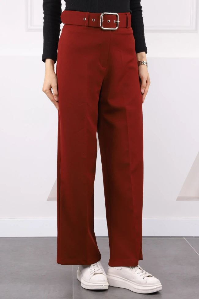 Bordo Bol Paça Kemerli Kumaş Pantolon