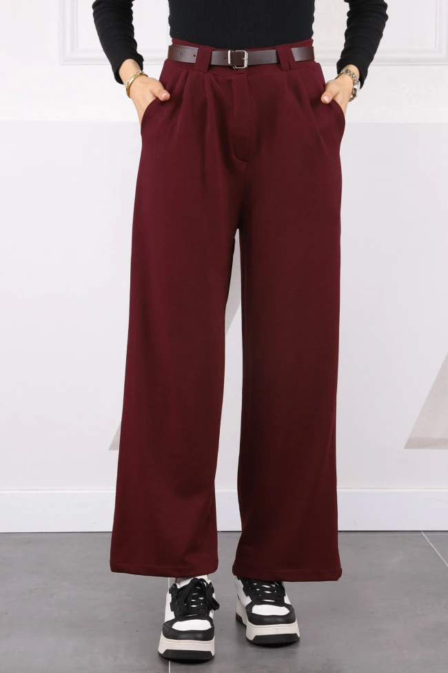 Bordo Çift Pileli Kemerli Likralı Palazzo Pantolon