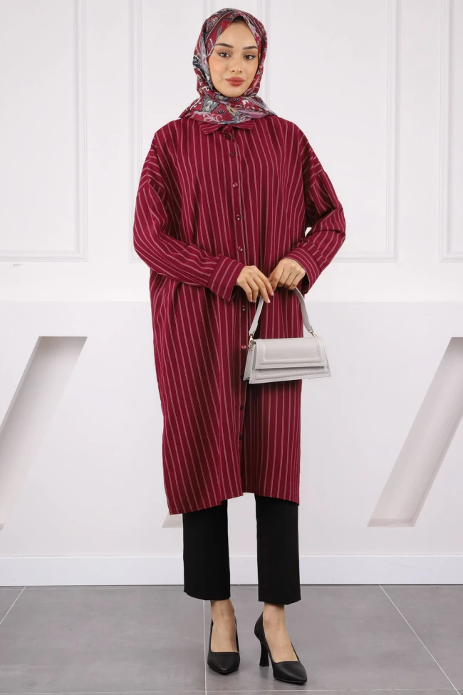 Bordo Çizgili Yırtmaçlı Tunik