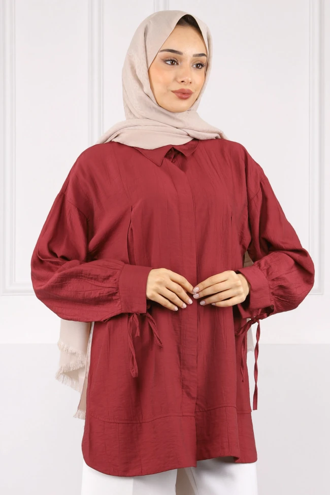 Bordo Kol Bağlamalı Tunik