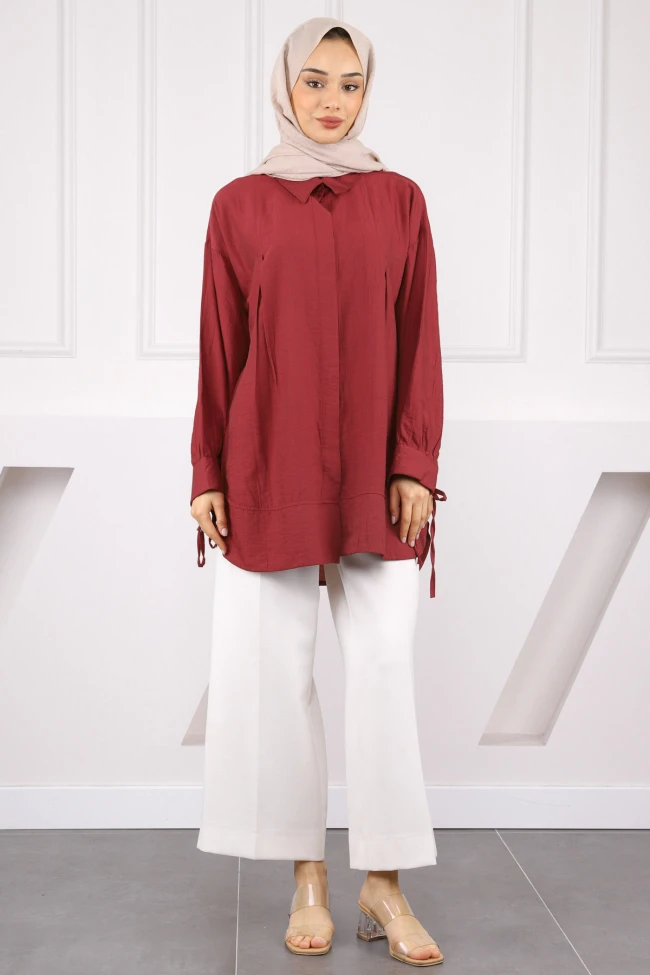 Bordo Kol Bağlamalı Tunik