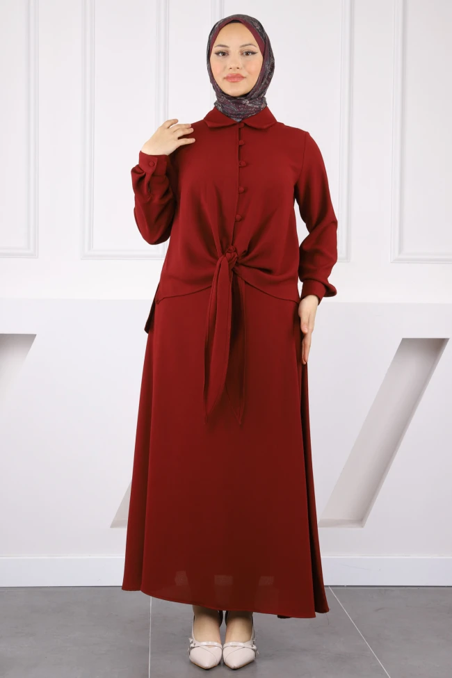 Bordo Ön Bağlamalı Gömlek Etekli Takım