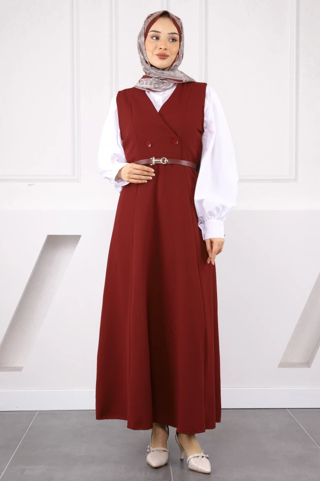 Bordo Önü Düğmeli Kemerli Jile Elbise