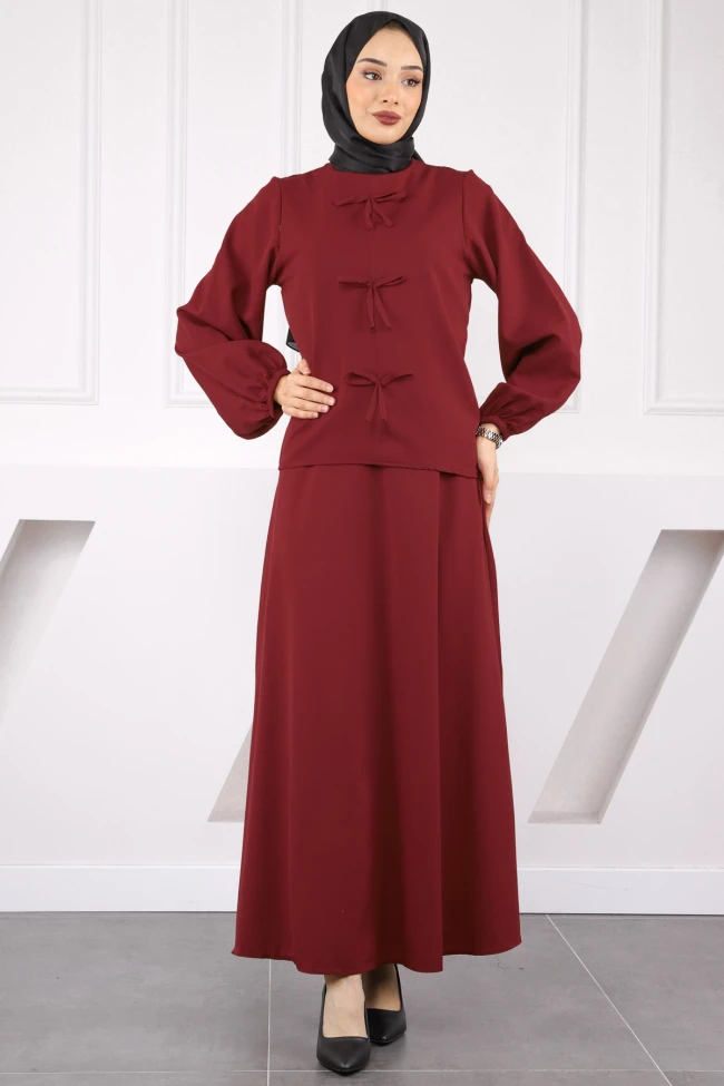 Bordo Önü Fiyonklu Krep Bluz Etekli Takım