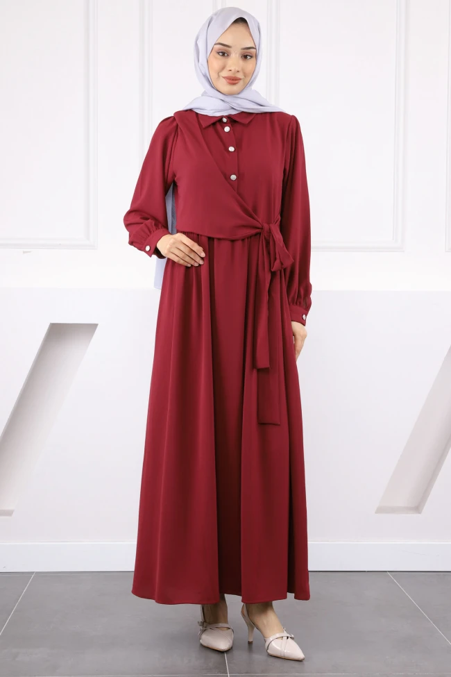Bordo Yan Bağlamalı Linda Elbise