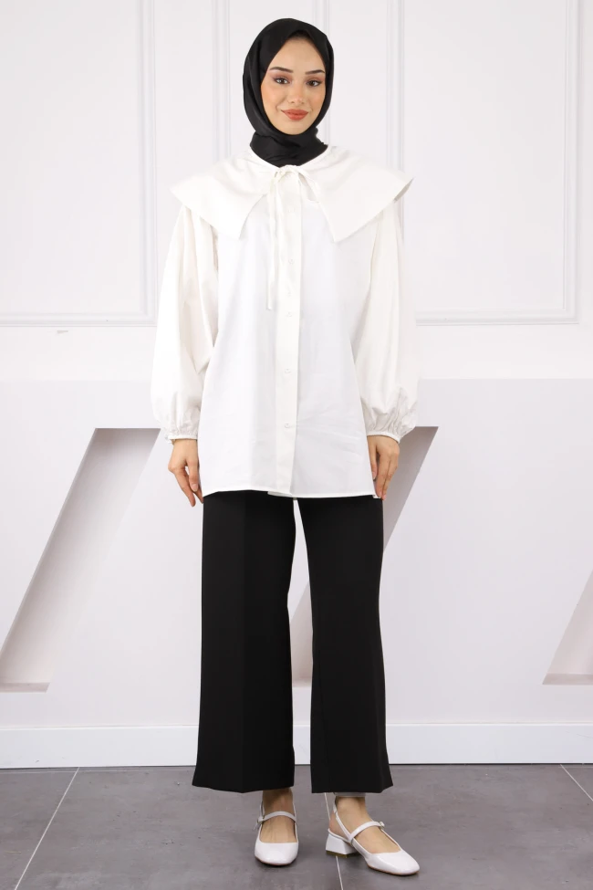 Ekru Bebe Yaka Balon Kol Gömlek