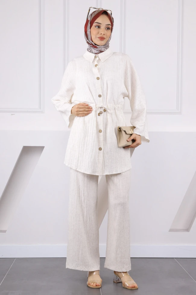 Ekru Bel Bağlamalı Tunik Pantolonlu Takım