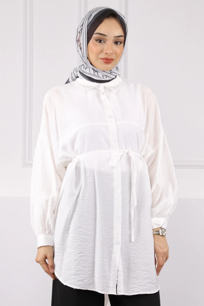 Ekru Beli İp Detaylı Tunik