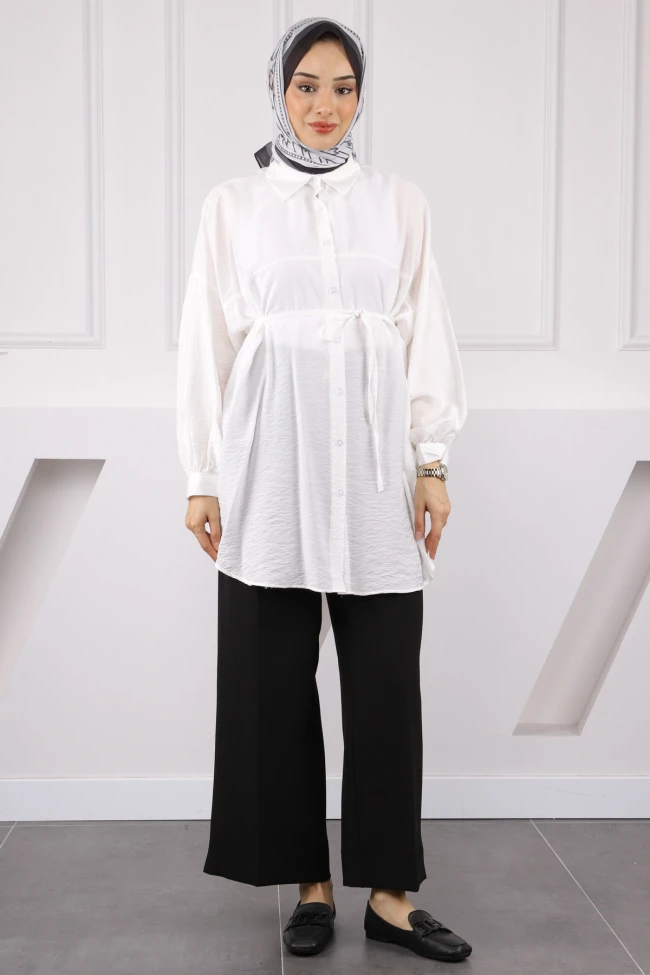 Ekru Beli İp Detaylı Tunik