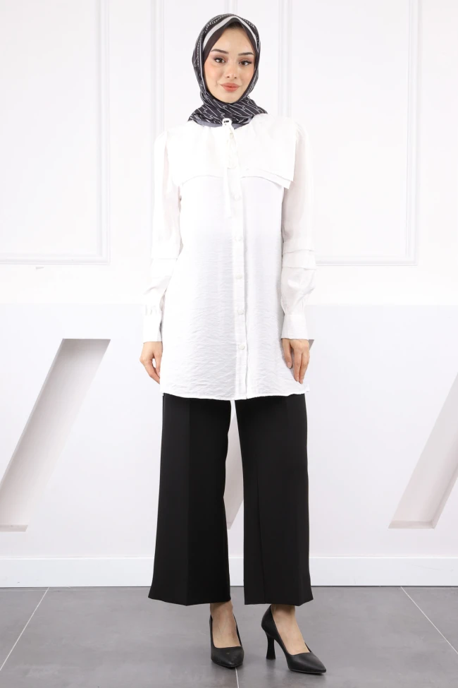 Ekru Yaka Detaylı Tunik