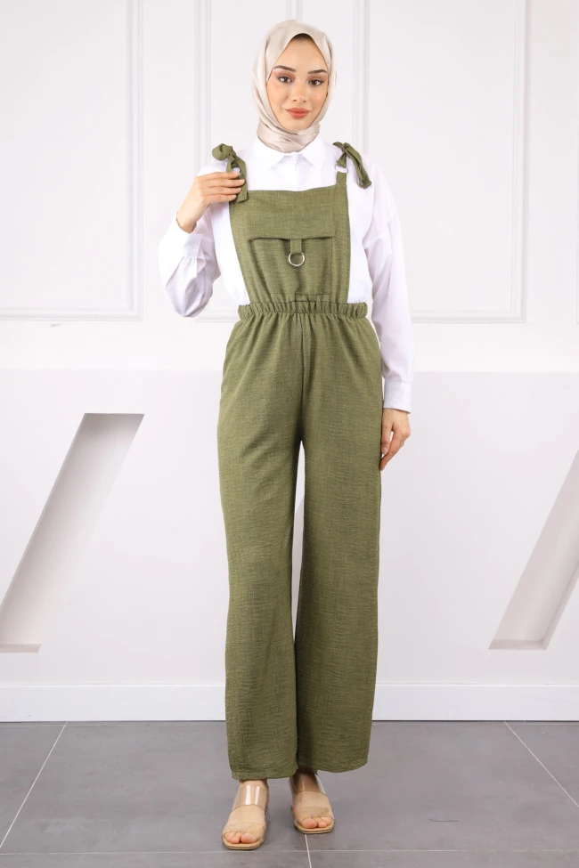 Haki Cep Detaylı Keten Tulum