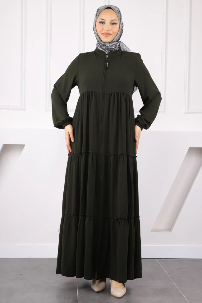 Haki Kol Lastikli Katlı Ferace