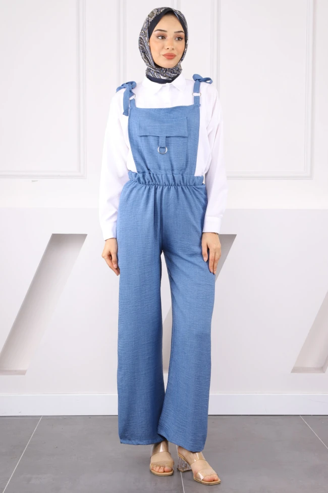 İndigo Cep Detaylı Keten Tulum