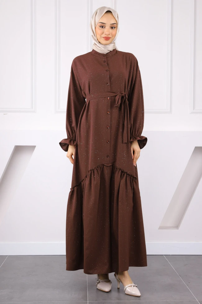 Kahve Eteği Büzgülü Beli Kuşaklı Linda Elbise