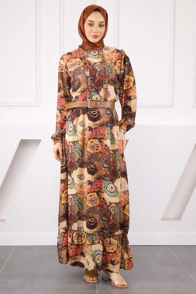 Kahverengi Bel Kemerli Desenli Elbise