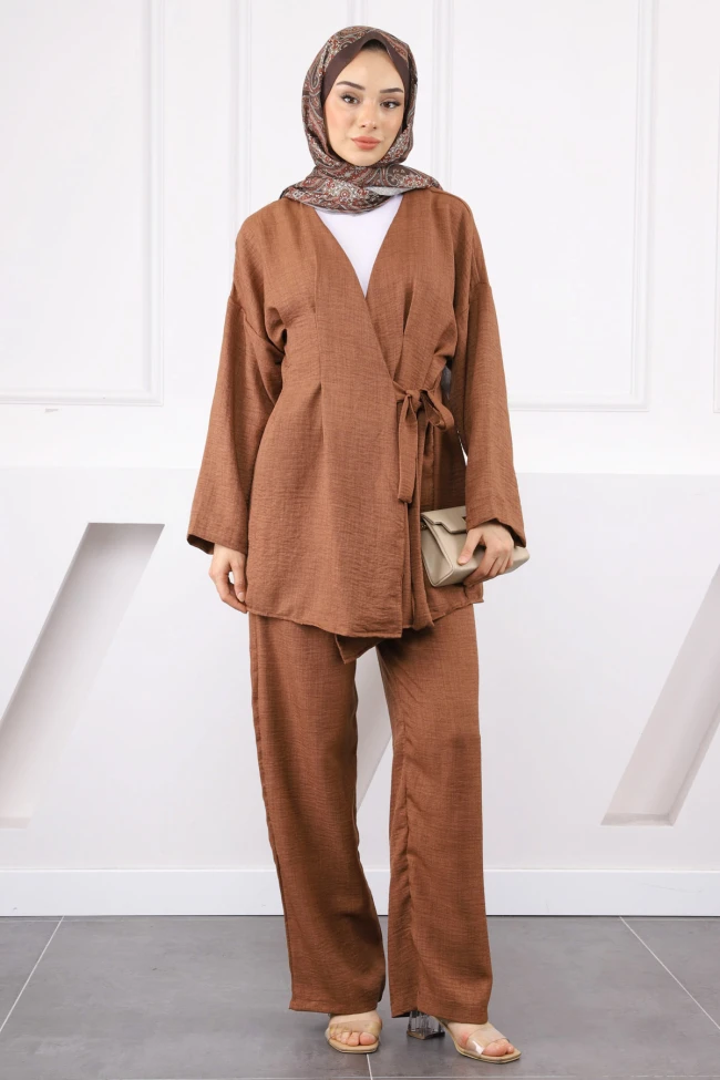 Kahverengi Çapraz Bağlamalı Keten Kimono Pantolon Takım