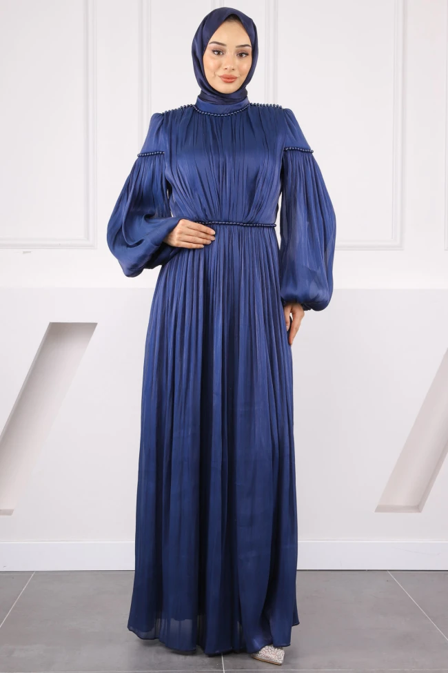 Lacivert Balon Kol Piliseli Şifon Abiye