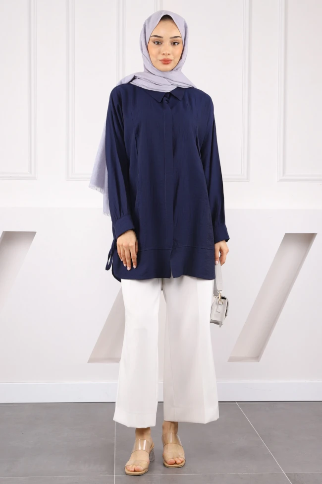 Lacivert Kol Bağlamalı Tunik