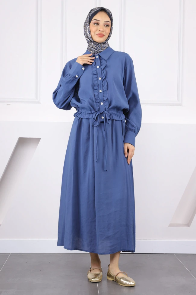 Lacivert Önü Fırfırlı Modal Gömlek Etekli Takım