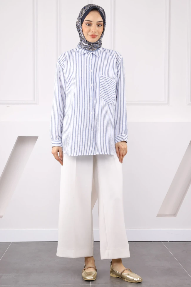 Lacivert Tek Cepli Çizgili Gömlek