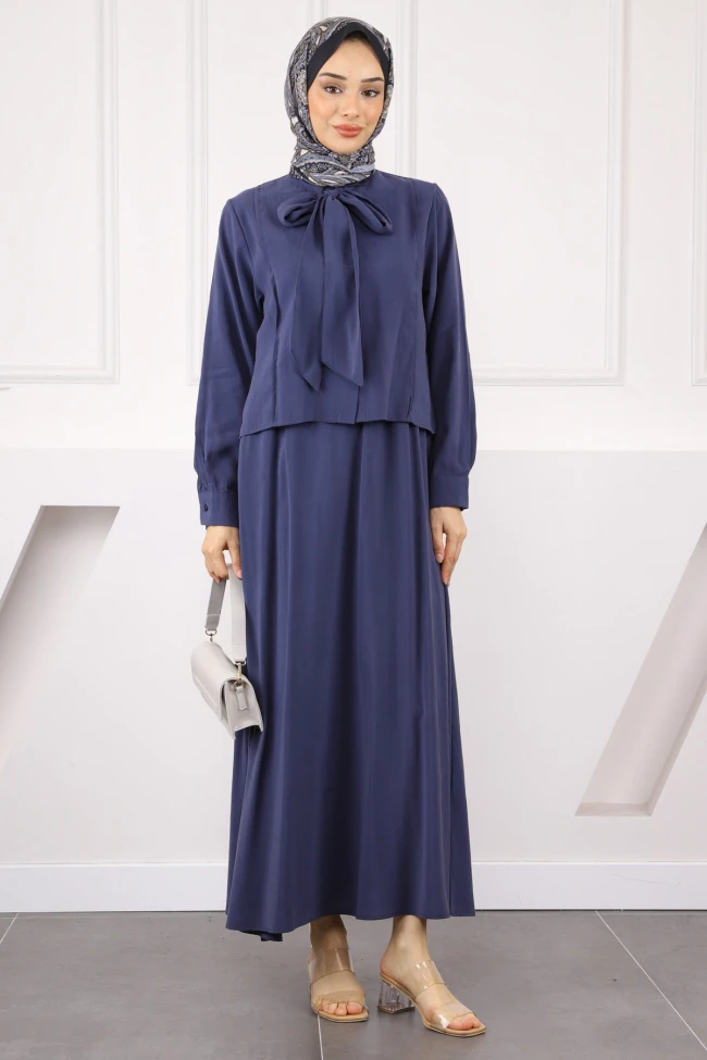 Lacivert Yaka Detaylı Gömlek Etekli Takım