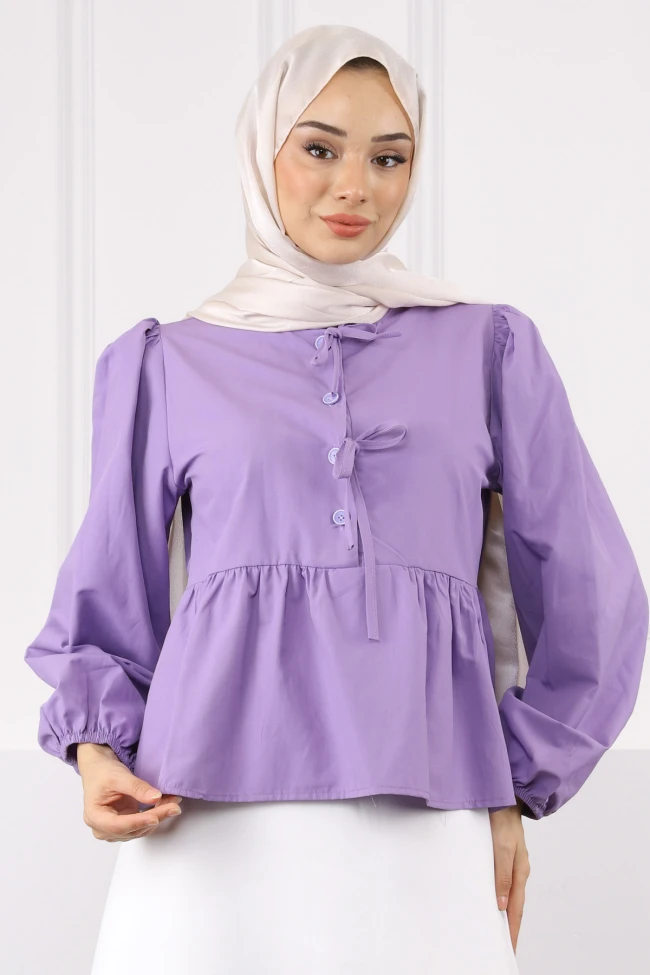 Lila Kol Lastikli Poplin Gömlek