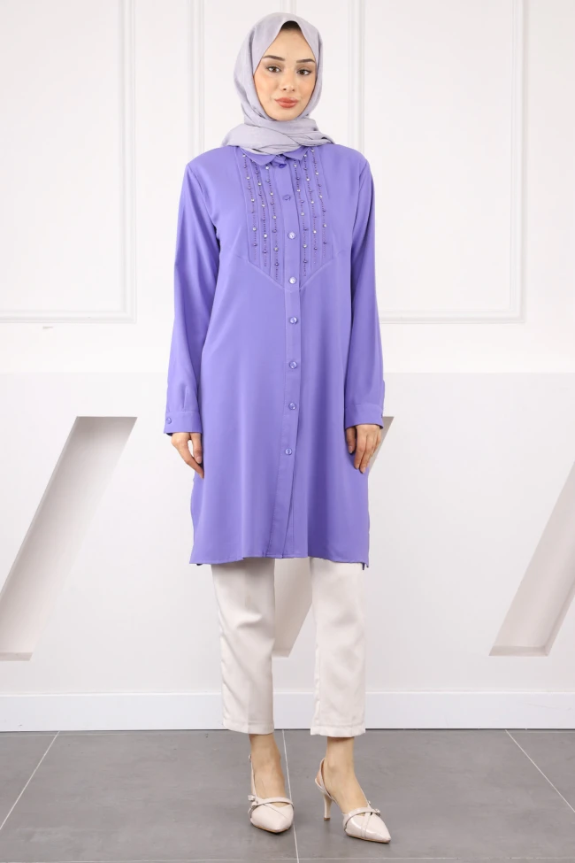 Lila Önü Taş Detaylı Linda Tunik