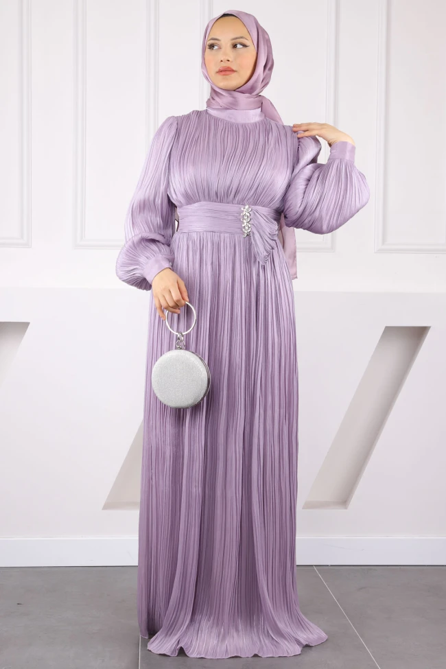 Lila Piliseli Taşlı Şifon Abiye