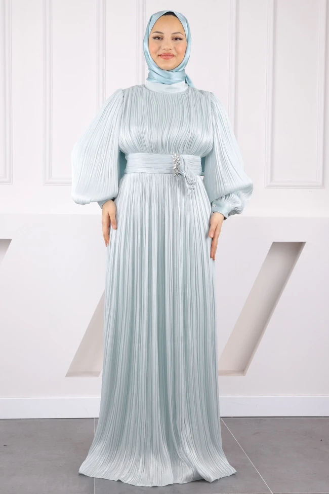 Mint Piliseli Taşlı Şifon Abiye