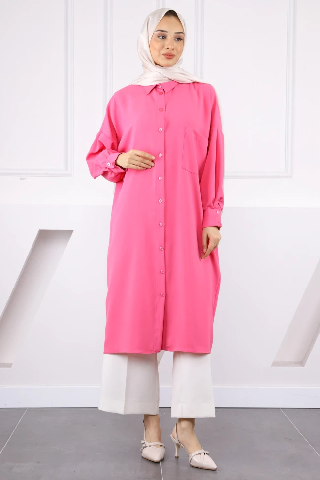 Pembe Düğmeli Cepli Tunik