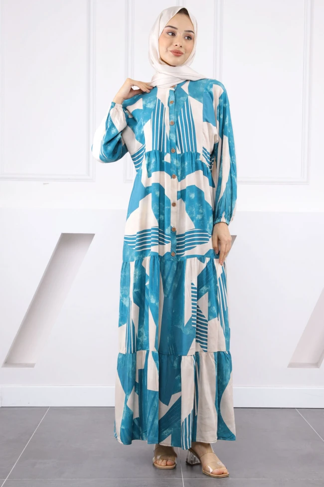 Petrol Yeşili Yarım Düğmeli Eteği Katlı Elbise