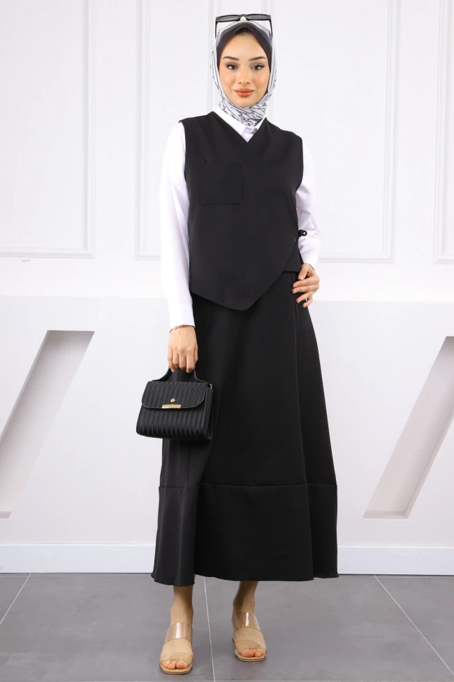 Siyah Tek Cepli Yelek Etekli Takım