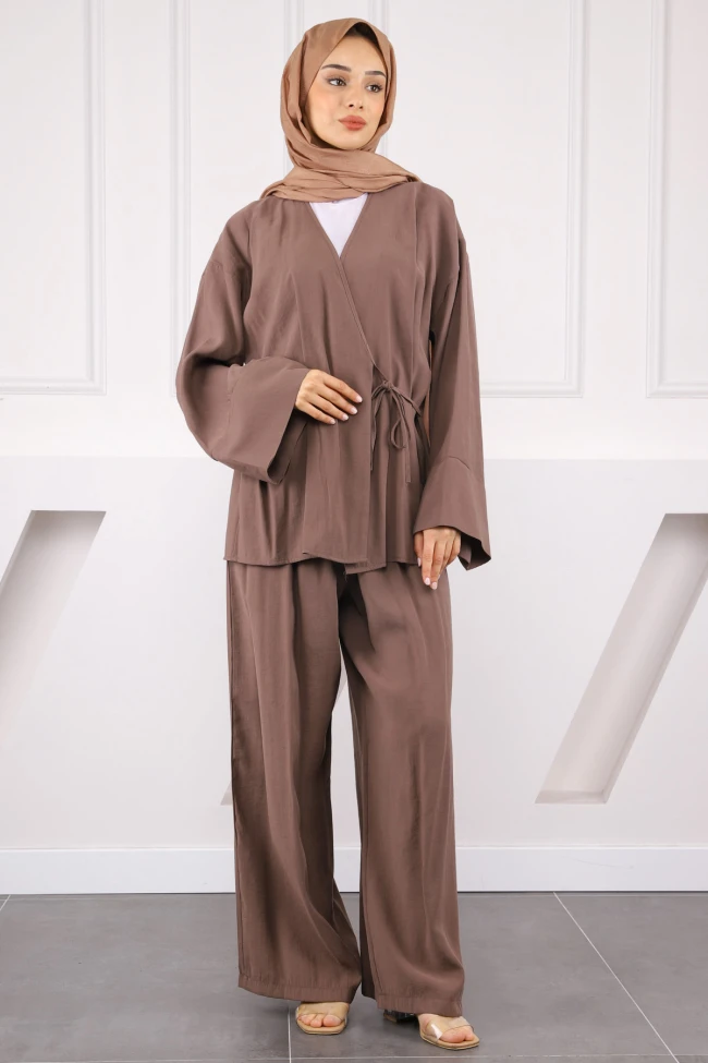 Vizon Bel Bağlamalı Modal Kimono Pantolonlu Takım