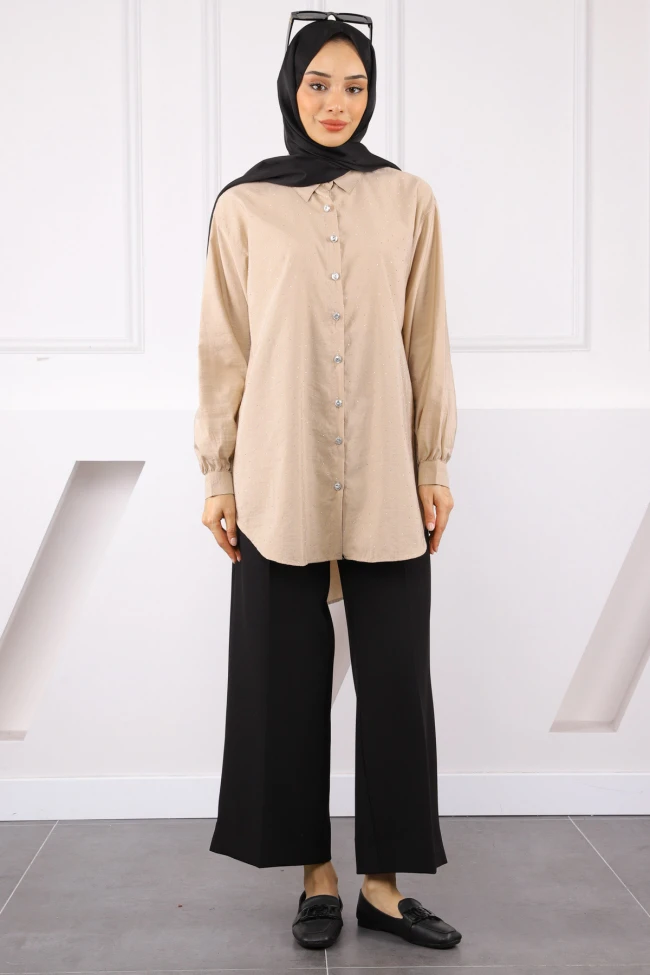 Vizon Taşlı Düğmeli Modal Gömlek