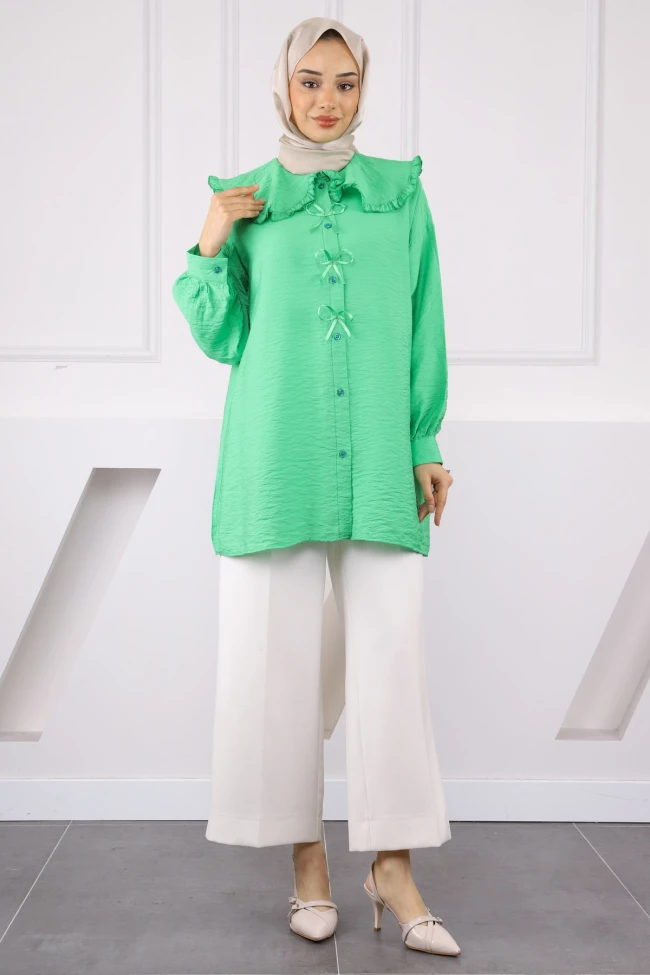 Yeşil Bebe Yaka Fiyonk Detaylı Tunik