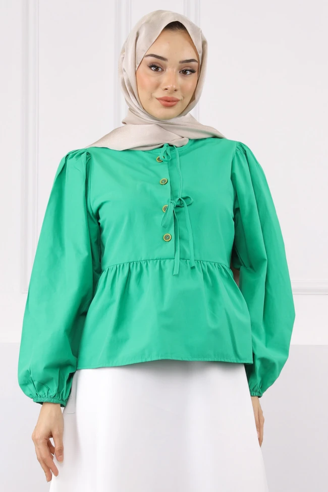 Yeşil Kol Lastikli Poplin Gömlek