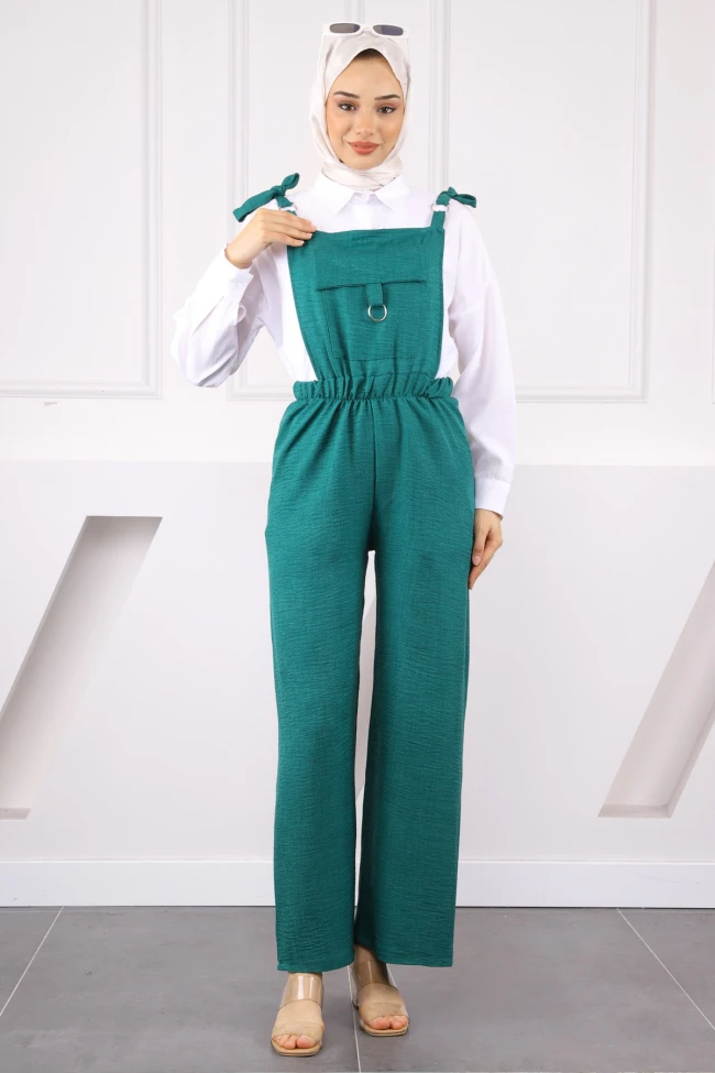 Zümrüt Yeşili Cep Detaylı Keten Tulum