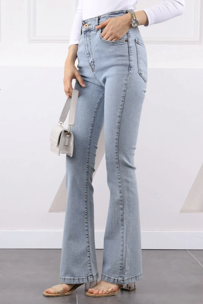 Açık Mavi Yüksek Bel İspanyol Paça Jeans Pantolon